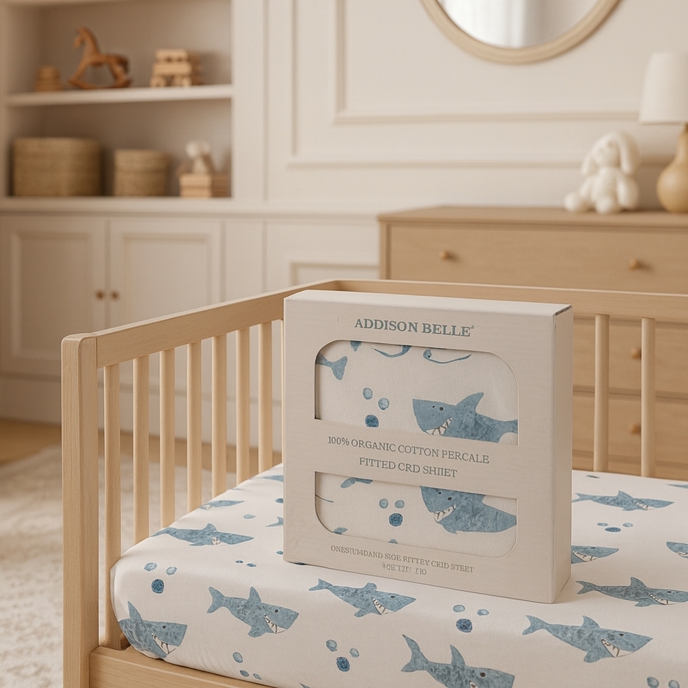 ADDISON BELLE Shark 100% Organic Cotton Perca Crib Sheet Baby Bedding Gift